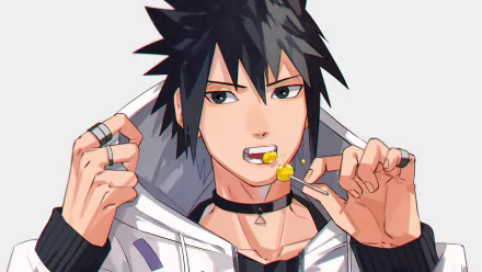 Sasuke Uchiha (Naruto) anime HD PC desktop wallpaper background: close-up of Sasuke in a white jacket and choker, chewing a lollipop with a defiant expression.