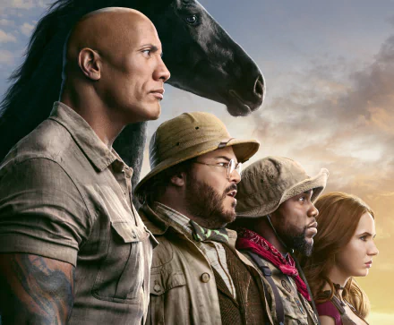 HD PC desktop wallpaper featuring Jack Black, Karen Gillan, Kevin Hart, and Dwayne Johnson from the movie Jumanji: The Next Level.