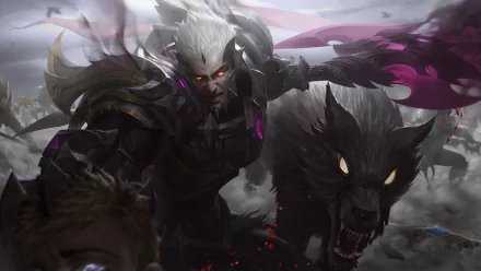HD PC desktop wallpaper featuring Darius, the warrior from League of Legends, poised with glowing purple accents alongside fierce wolves in a dynamic video game scene.