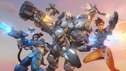 4K Ultra HD Overwatch 2 wallpaper featuring Lúcio, Mercy, Tracer, Reinhardt, and Mei in dynamic action poses from the video game.