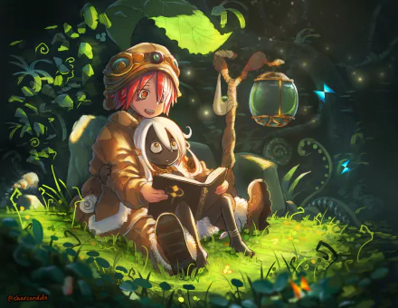Irumyuui and Vueko from Made in Abyss sit together in a glowing forest, reading a book, in this vibrant HD anime desktop wallpaper.
