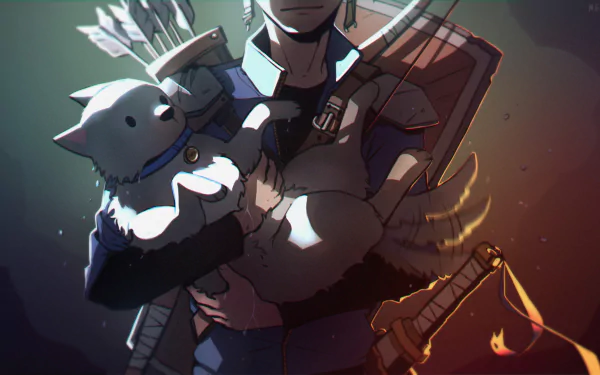 Sven (Minecraft), armored archer cradling a white fox pup with bow and quiver behind him — 2K Quad HD PC desktop wallpaper/background, video game Minecraft.