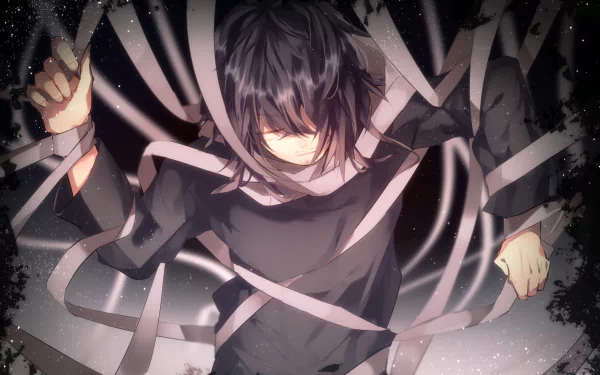 HD PC desktop wallpaper featuring Shota Aizawa from the anime My Hero Academia, wrapped in his capture cloth with a dark, intense atmosphere.