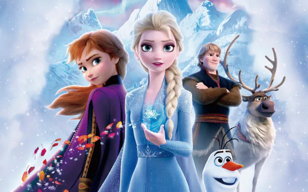 HD PC desktop wallpaper of Elsa, Anna, Kristoff, Olaf and Sven from Frozen 2, posed before snowy mountains with Elsa conjuring ice.