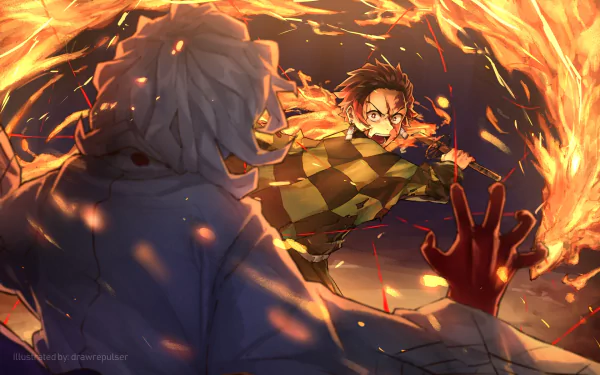 HD desktop wallpaper featuring Tanjiro Kamado performing the Hinokami Kagura in a dynamic scene from the anime Demon Slayer: Kimetsu no Yaiba. Fiery elements dramatically surround Tanjiro as he faces an opponent.