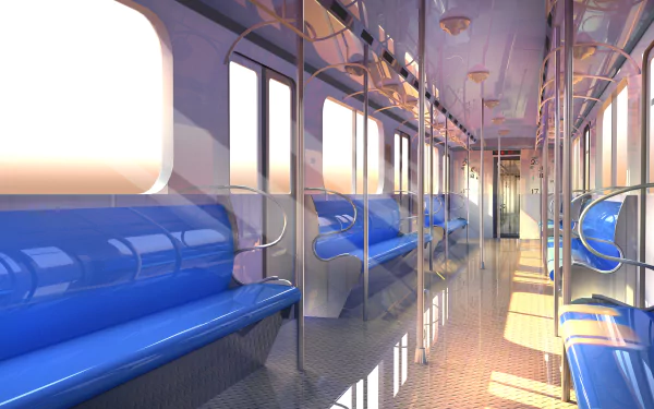 HD desktop wallpaper featuring an anime-style interior of a brightly lit train with blue seats and reflective floors.