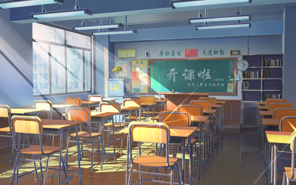 HD desktop wallpaper of an empty anime-style classroom, featuring rows of chairs and desks, a clock, and a chalkboard, with sunlight streaming through large windows.