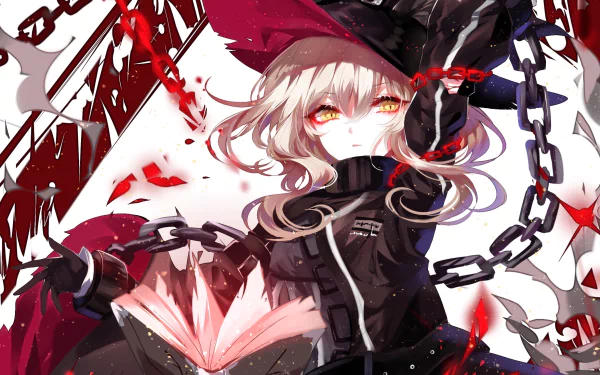 HD PC desktop wallpaper featuring Haze from the video game Arknights, showcasing her with chains and glowing eyes in a dynamic, detailed anime-style artwork.