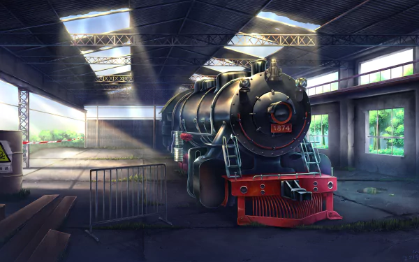 Anime-style 4K Ultra HD PC desktop wallpaper featuring a detailed steam train inside a sunlit train depot with vibrant lighting and shadows.