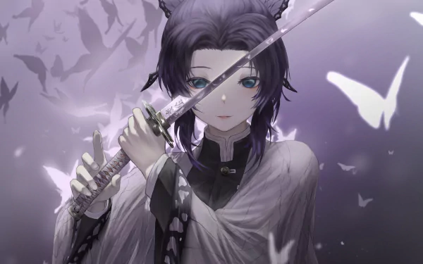 HD wallpaper of Shinobu Kochou from Demon Slayer: Kimetsu no Yaiba, featuring her holding a sword amidst ethereal butterflies.