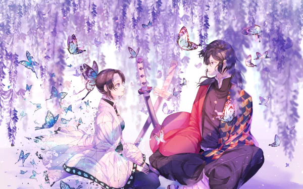 HD anime desktop wallpaper featuring Giyuu Tomioka and Shinobu Kochou from Demon Slayer: Kimetsu no Yaiba surrounded by purple wisteria flowers and butterflies.
