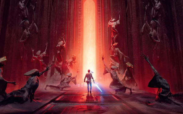 HD PC desktop wallpaper from the video game Star Wars Jedi: Fallen Order, featuring a lone Jedi with a lightsaber facing a towering red-lit doorway surrounded by shadowy figures.