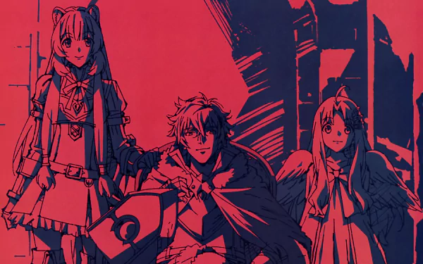 HD anime desktop wallpaper featuring Raphtalia, Filo, and Naofumi Iwatani from The Rising of the Shield Hero in a stylized red and dark blue color scheme.