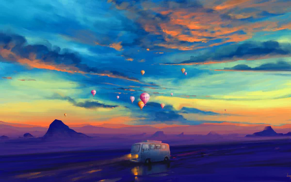 HD anime wallpaper featuring a bus driving under a vibrant sky with hot air balloons soaring in the distance. Warm, colorful hues create a serene and enchanting atmosphere.