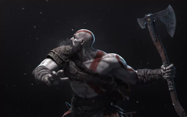 4K Ultra HD wallpaper of Kratos, the God of War warrior, wielding his axe ready for battle in a dark, intense video game scene.
