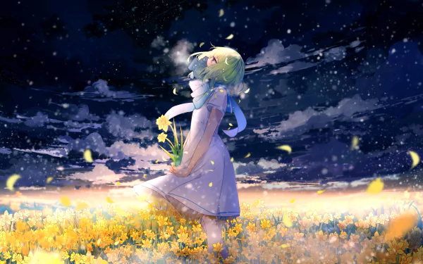 Anime-style original artwork of a girl with green hair in a white dress standing in a daffodil field at dusk, surrounded by glowing yellow flowers and a moody sky.
