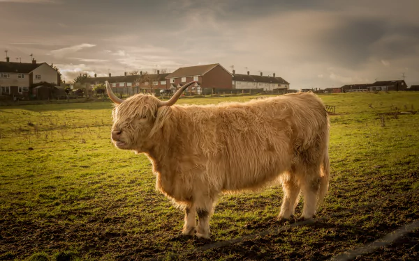 A Highland cow standing on a grassy field near houses, captured in a 4K Ultra HD PC desktop wallpaper and background.