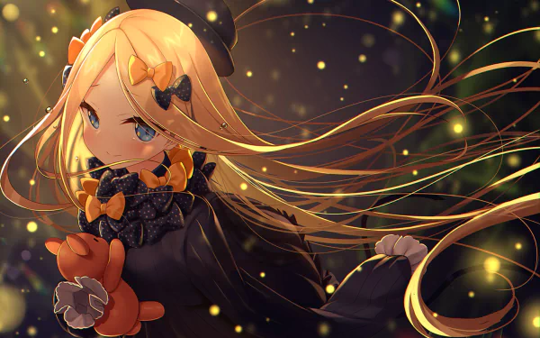 Anime character Abigail Williams from Fate/Grand Order, depicted with long flowing hair, holding a plush toy, set against a dreamy, sparkling background in this HD desktop wallpaper.