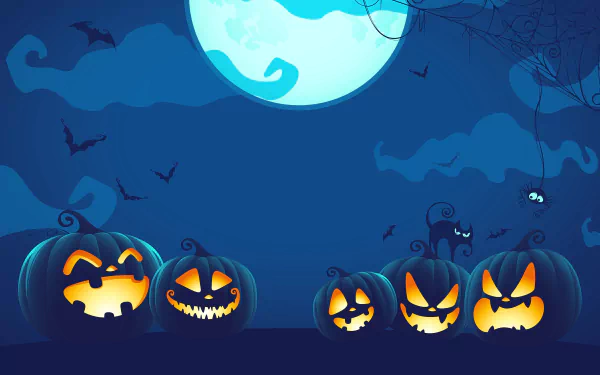 4K Ultra HD Halloween PC wallpaper featuring glowing jack-o'-lanterns, a black cat, spider, bats, and a full moon against a dark night sky.