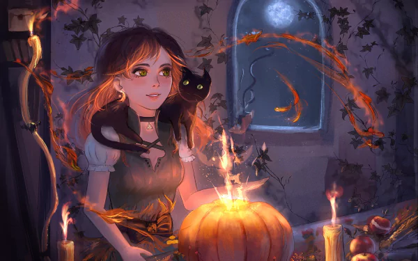 HD Halloween-themed desktop wallpaper featuring a girl with orange hair and green eyes, holding a glowing pumpkin candle, accompanied by a black cat under a moonlit window.