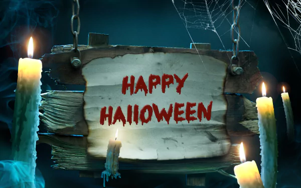 4K Ultra HD PC desktop wallpaper: eerie Halloween holiday scene with dripping candles and cobwebs framing a weathered wooden sign that reads HAPPY HALLOWEEN.