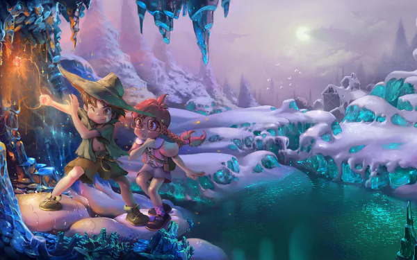 4K Ultra HD PC desktop wallpaper showing two children in a magical winter fantasy: glowing crystals, icy lake, lantern light and aurora-tinted sky.