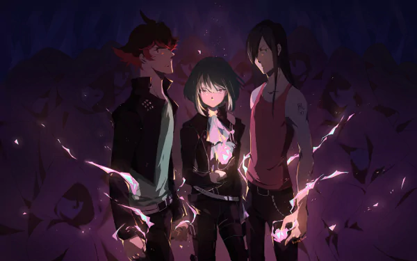 Promare anime 2K Quad HD PC desktop wallpaper: Meis, Mad Burnish, Lio Fotia and Gueira stand amid purple flames, glowing cracks and drifting embers.