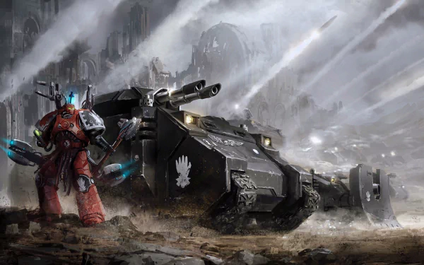 HD PC desktop wallpaper: Iron Hands Space Marine warrior stands by a heavy black tank on a war-torn battlefield — Warhammer 40k video game artwork for desktop background.