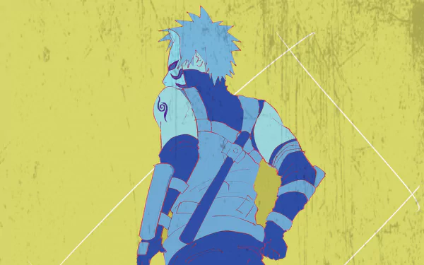 4K Ultra HD anime wallpaper featuring Kakashi Hatake from Naruto, depicted in a stylized blue silhouette against a textured yellow background.