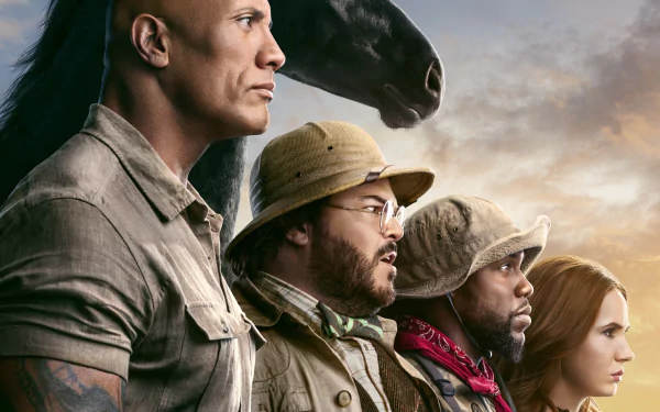 HD PC desktop wallpaper featuring Jack Black, Karen Gillan, Kevin Hart, and Dwayne Johnson from the movie Jumanji: The Next Level.