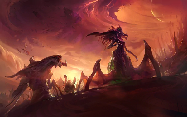 HD PC desktop wallpaper featuring Zerg creatures from Starcraft II in a dramatic, fiery sci-fi landscape from the Starcraft video game series.