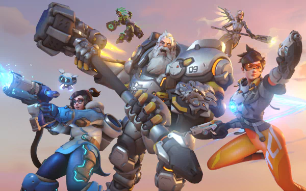 4K Ultra HD Overwatch 2 wallpaper featuring Lúcio, Mercy, Tracer, Reinhardt, and Mei in dynamic action poses from the video game.