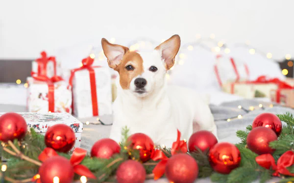 Small dog among red Christmas ornaments, wrapped gifts and fairy lights — festive Christmas dog 5K Ultra HD PC desktop wallpaper.