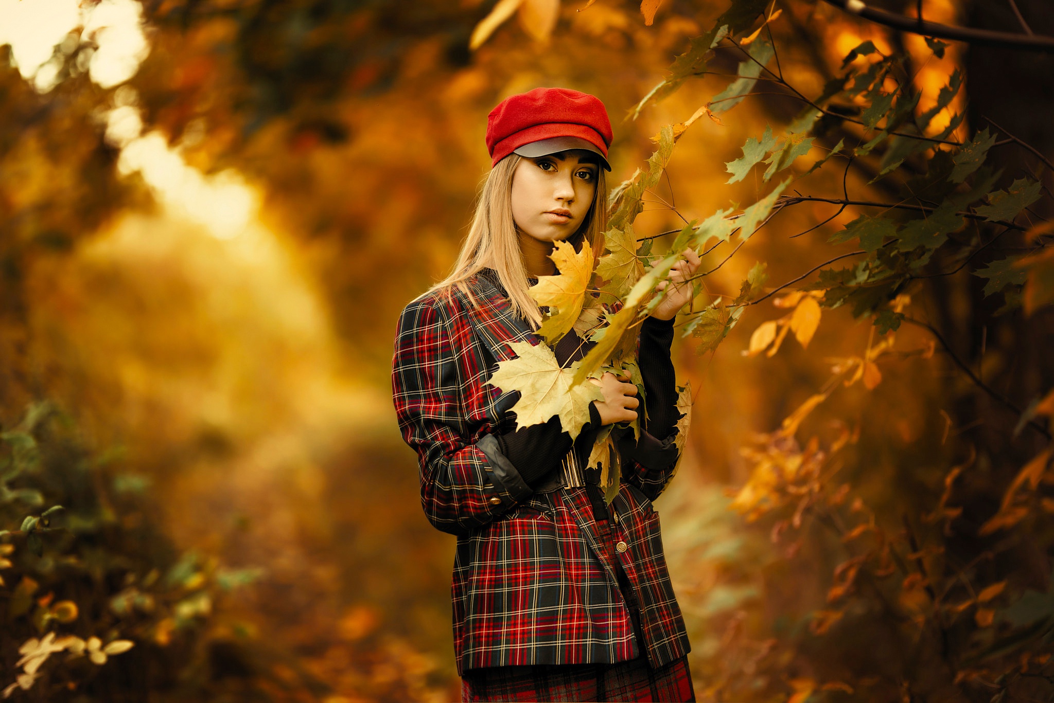 Download Depth Of Field Cap Blonde Leaf Fall Woman Model HD Wallpaper ...