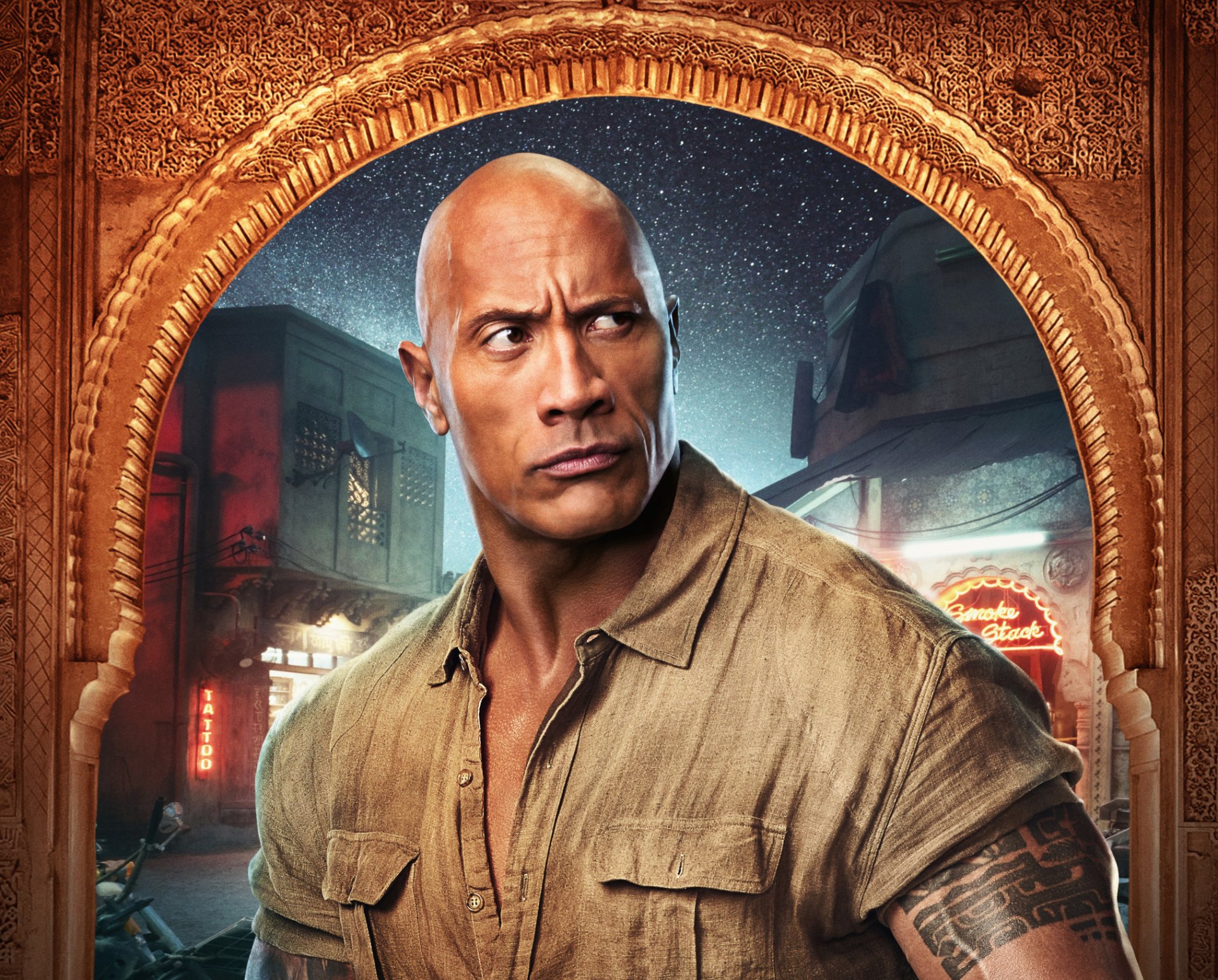 HD PC desktop wallpaper featuring Dwayne Johnson as his character from the movie Jumanji: The Next Level, set against a vibrant, adventurous background.