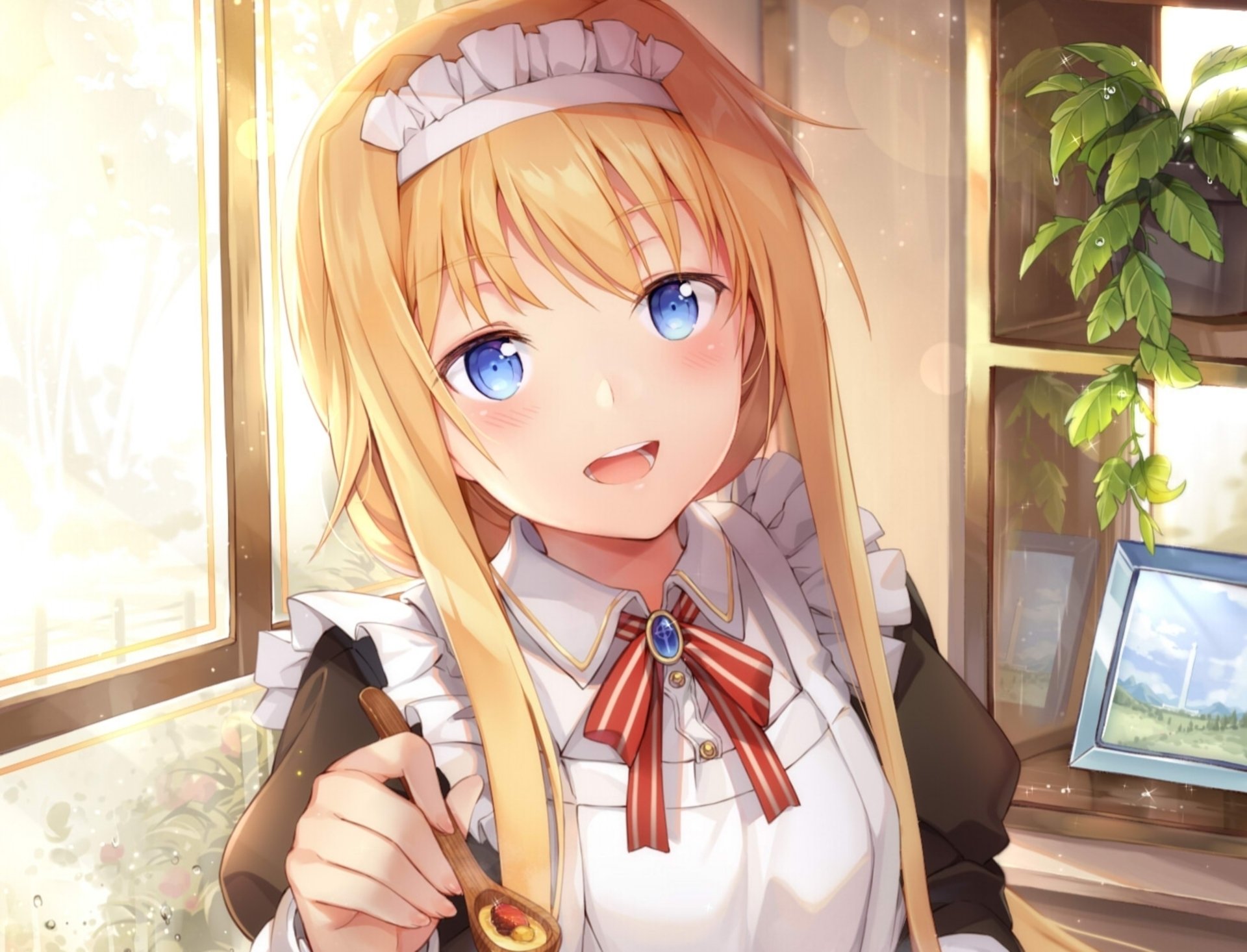 HD PC desktop wallpaper featuring Alice Zuberg from the anime Sword Art Online: Alicization, showcasing her smiling with bright blue eyes in a sunlit room.