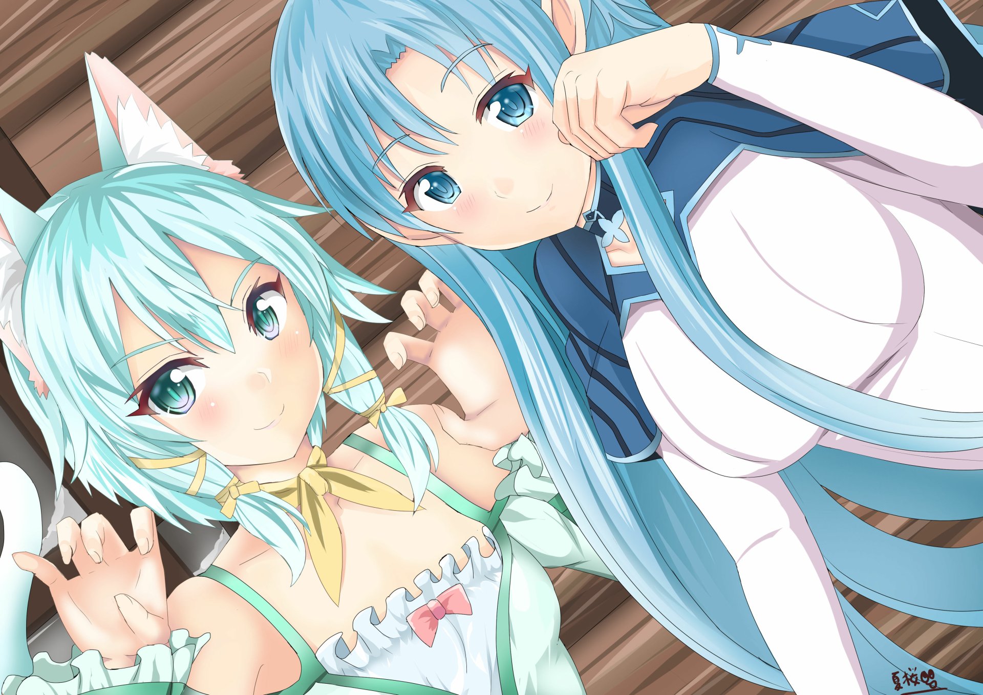 Close-up of Shino Asada and Asuna Yuuki from Sword Art Online II, two anime girls in bright colors, 4K Ultra HD PC desktop wallpaper and background, playful close pose.