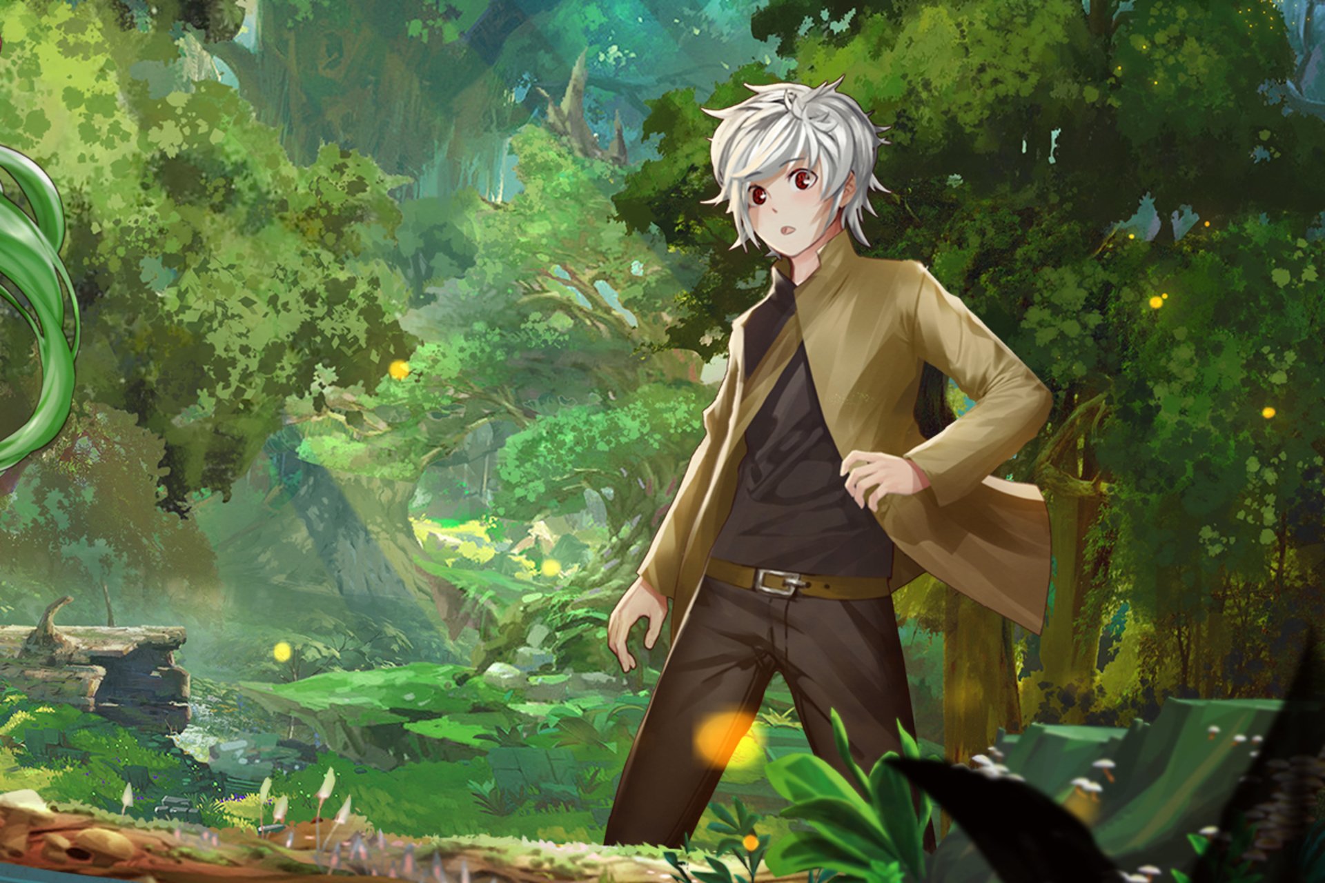 Anime-style HD desktop wallpaper featuring Bell Cranel with white hair and red eyes standing in a lush, vibrant forest from Is It Wrong to Try to Pick Up Girls in a Dungeon?.
