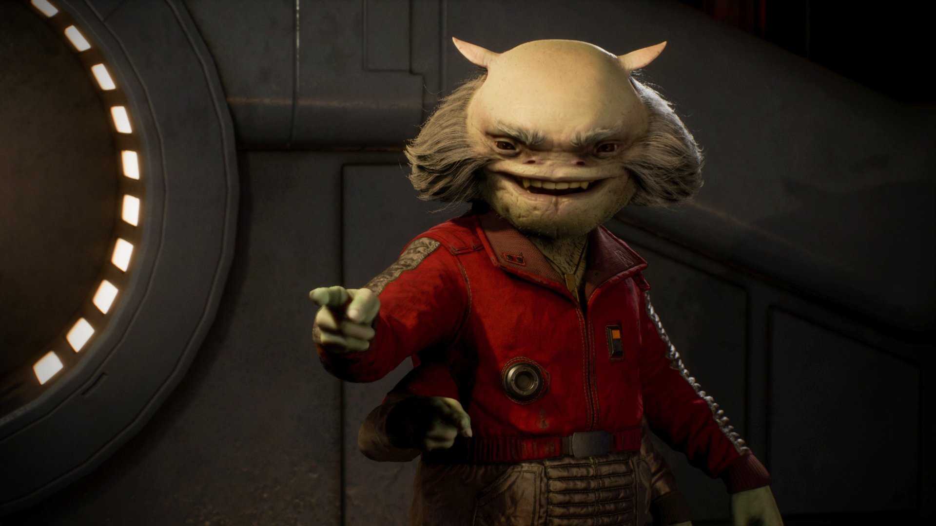 Star Wars video game — Star Wars Jedi: Fallen Order 2K Quad HD PC desktop wallpaper: small furry alien in a red uniform points inside a dim ship interior.