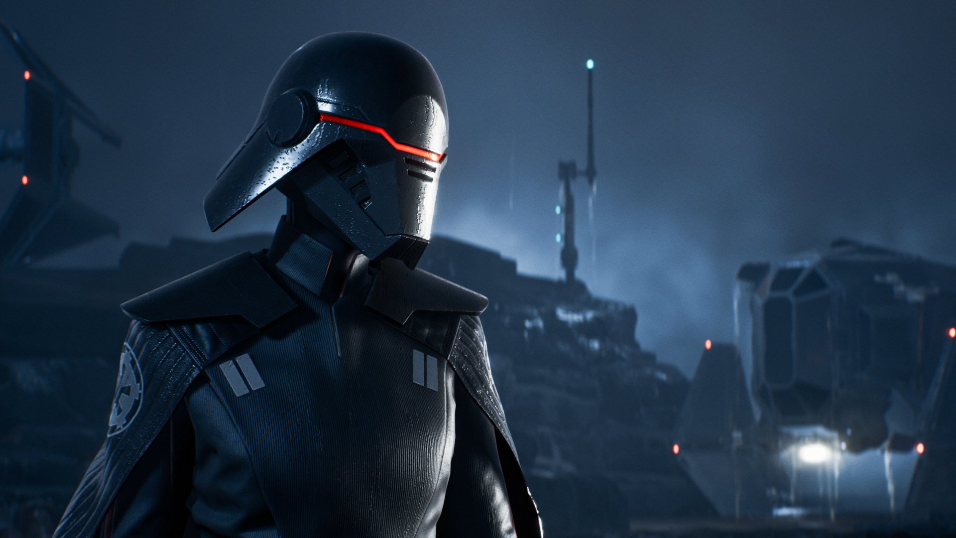 Second Sister (Star Wars) Inquisitor in black armor and red visor stands in a foggy industrial landscape — Star Wars Jedi: Fallen Order video game 4K Ultra HD PC desktop wallpaper/background.
