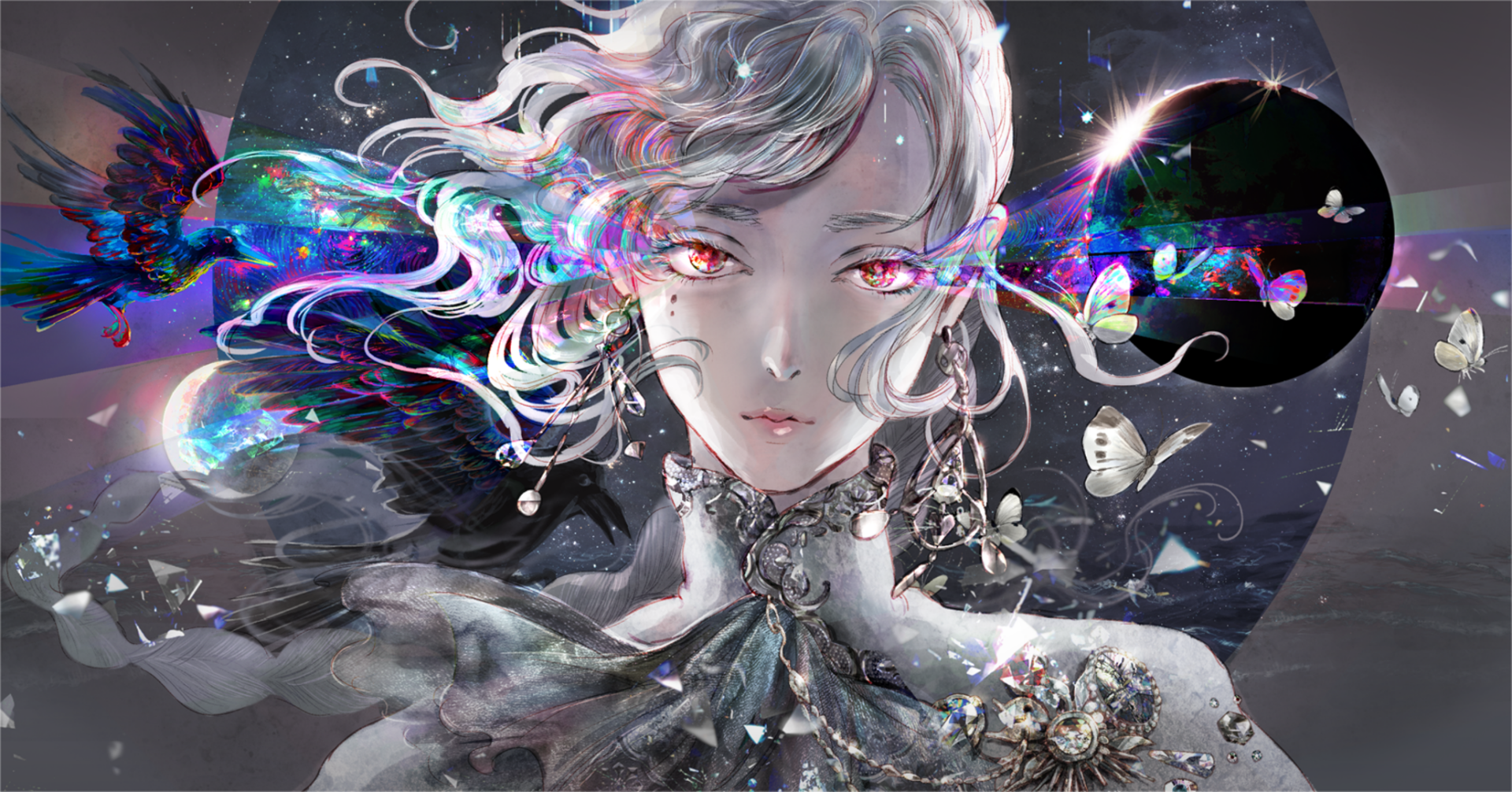 Anime girl with flowing white hair and vibrant eyes, surrounded by cosmic planets and colorful birds, rendered in a stunning HD PC desktop wallpaper style.