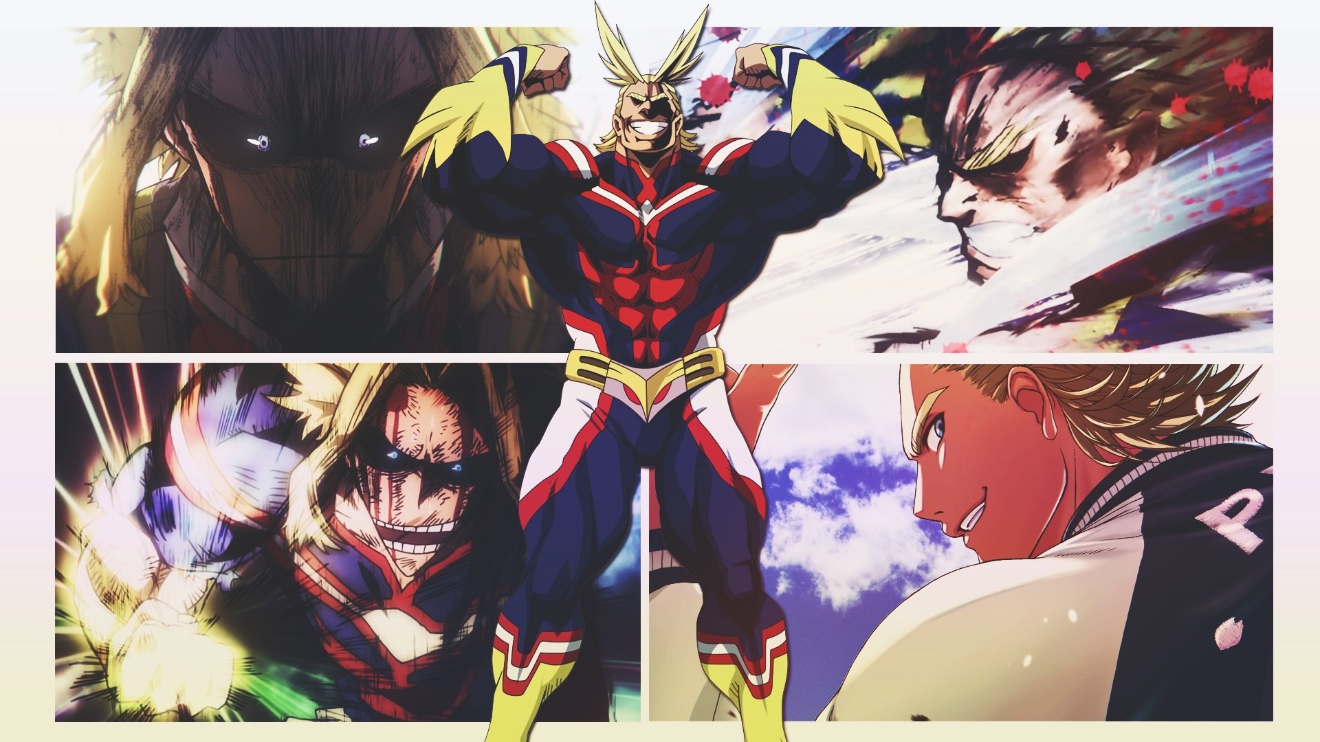 HD PC desktop wallpaper featuring Toshinori Yagi, also known as All Might, from the anime My Hero Academia in dynamic and heroic poses.