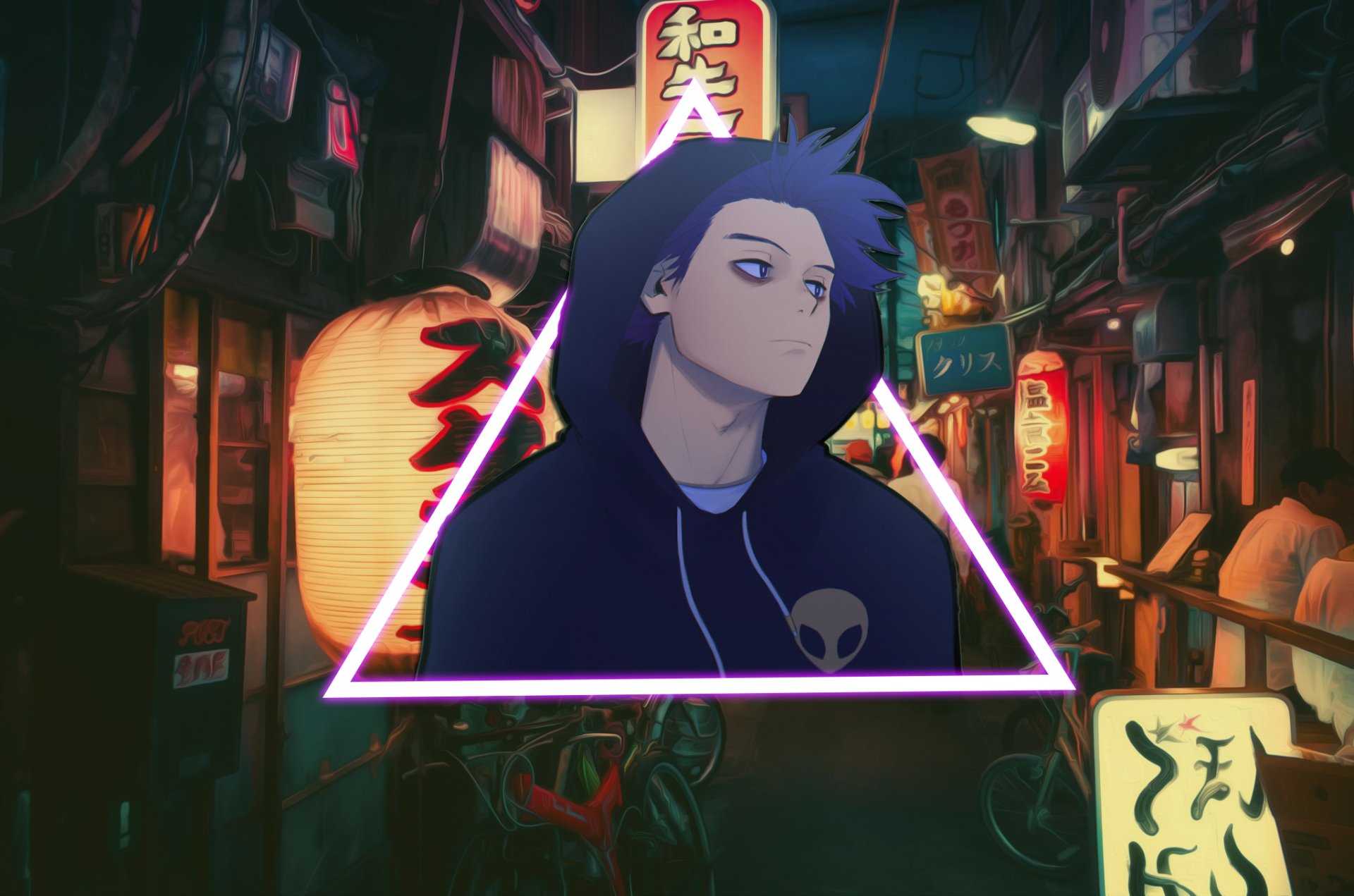 A vibrant HD anime wallpaper inspired by My Hero Academia, featuring a character in an urban setting with neon signs and a stylized triangle frame.
