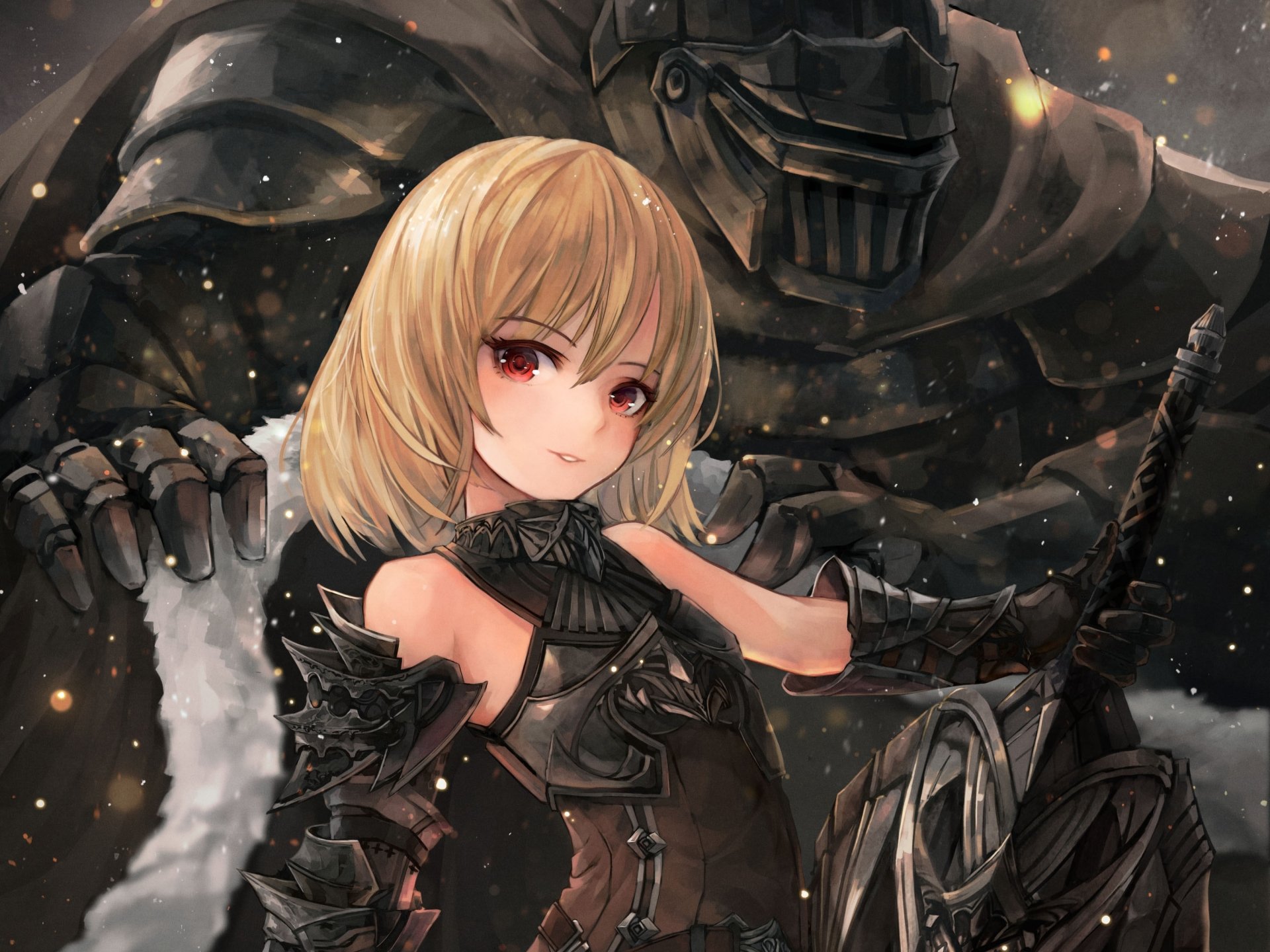 Anime-style HD desktop wallpaper featuring a blonde knight with red eyes in detailed armor, posed confidently alongside a dark armored figure.