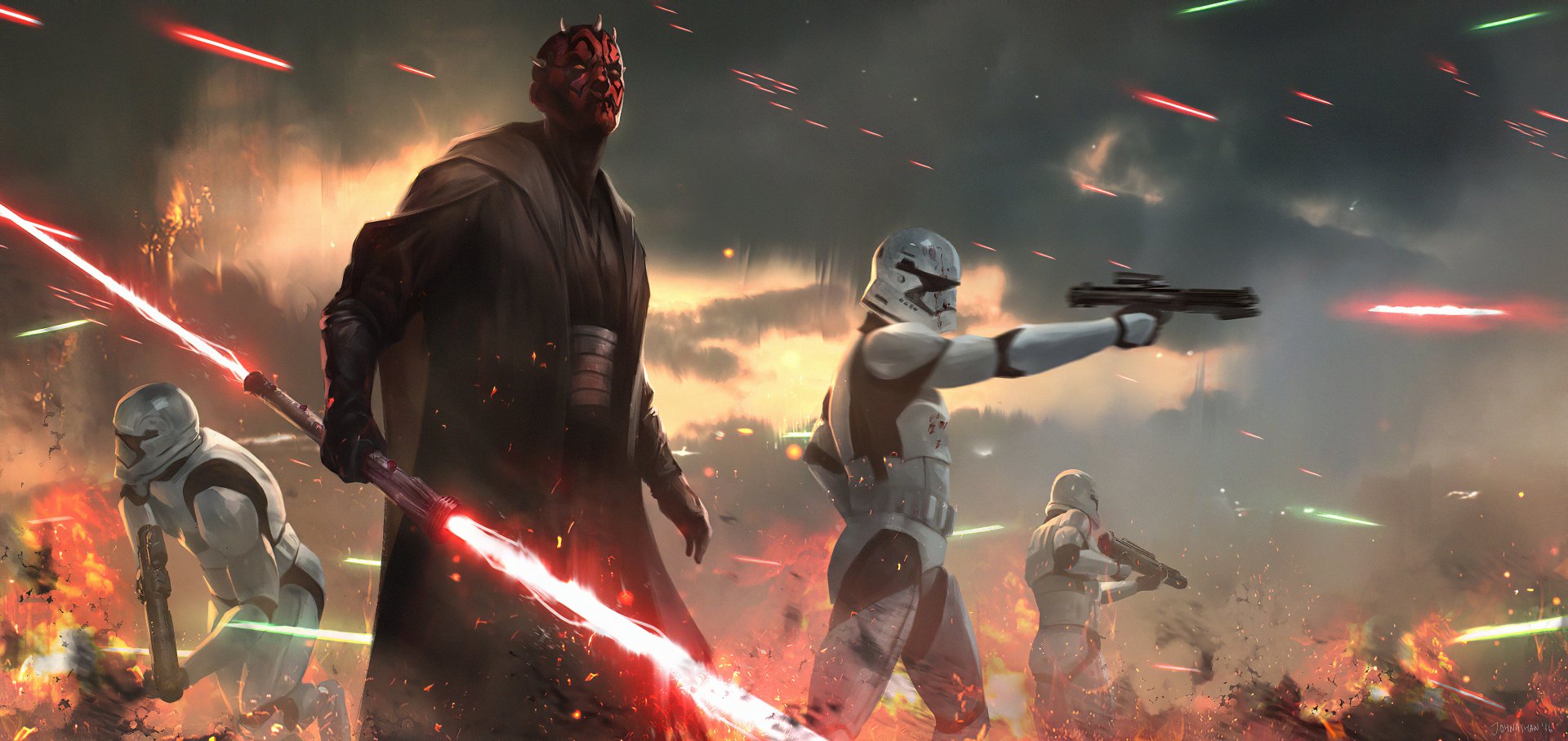 Darth Maul and stormtrooper duel with lightsabers in an epic battle scene, set against a Star Wars-themed HD desktop wallpaper.