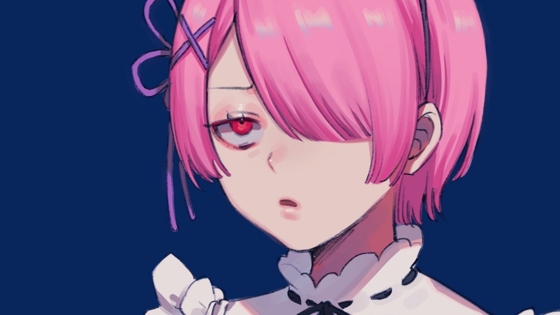 HD anime desktop wallpaper featuring Ram from Re:Zero - Starting Life in Another World with detailed pink hair and red eyes in a close-up portrait style.