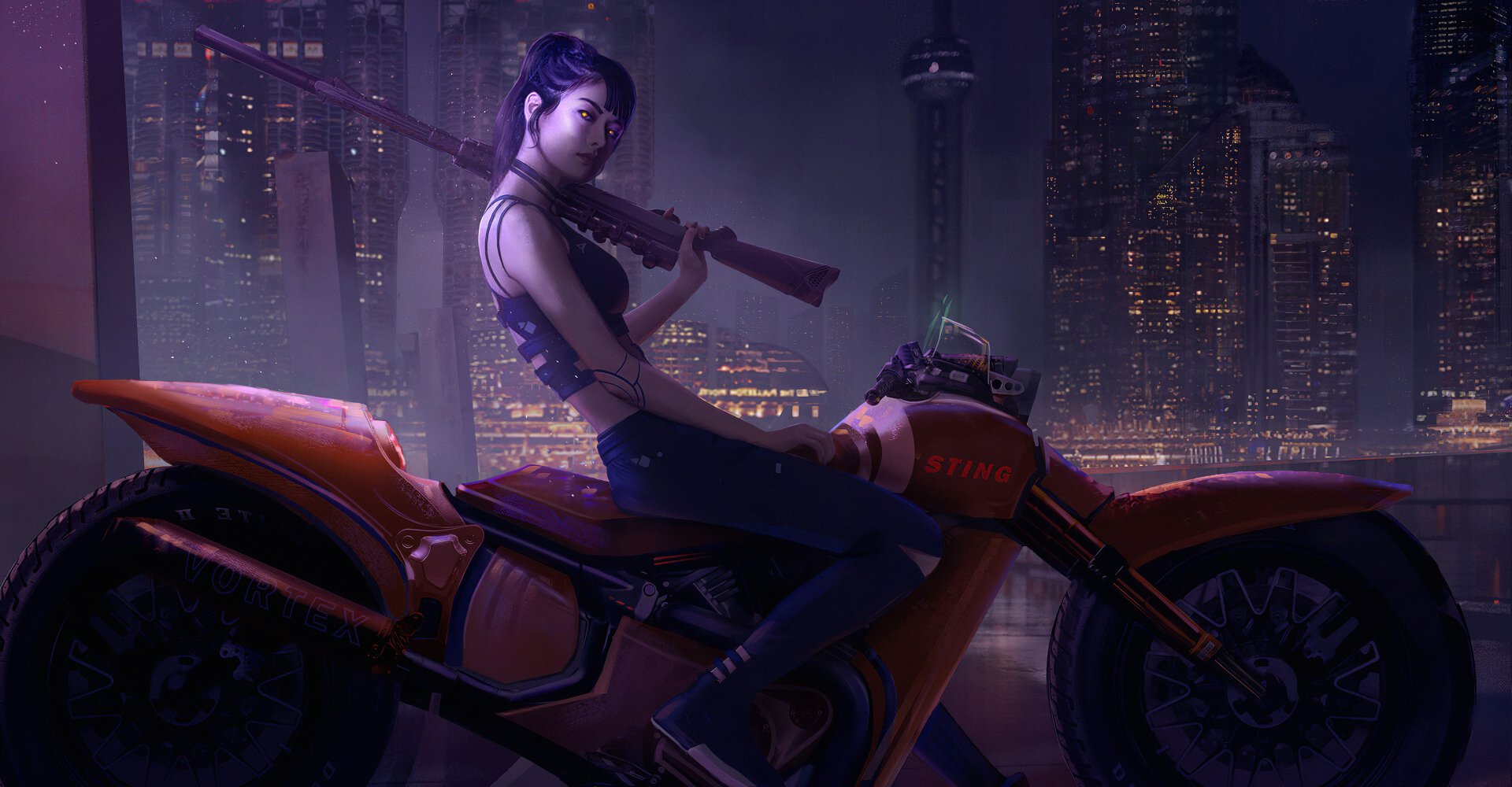 Cyberpunk Biker Huntress — 2K Futuristic City Wallpaper by Liew Yu ...