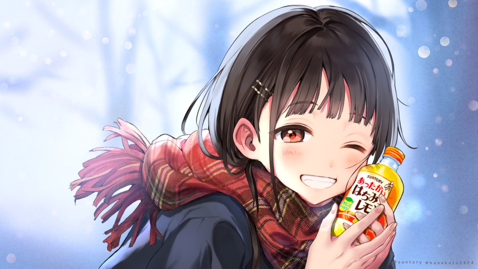 Anime-style winter scene featuring a smiling girl with dark hair wearing a red scarf, holding a bottle, set against a snowy, serene background in HD quality.
