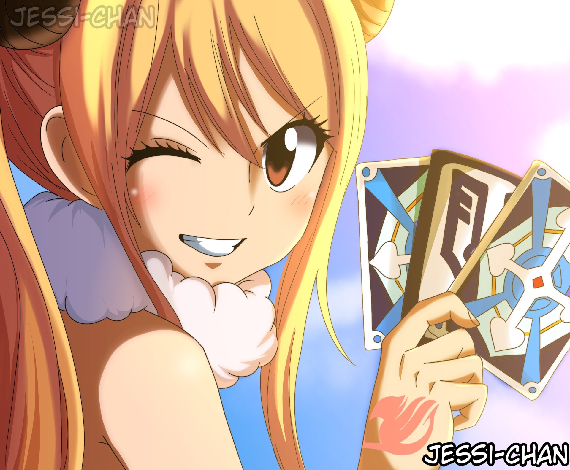 Lucy Heartfilia (Fairy Tail) winking and holding Celestial Spirit keys — bright anime 2K Quad HD PC desktop wallpaper/background.