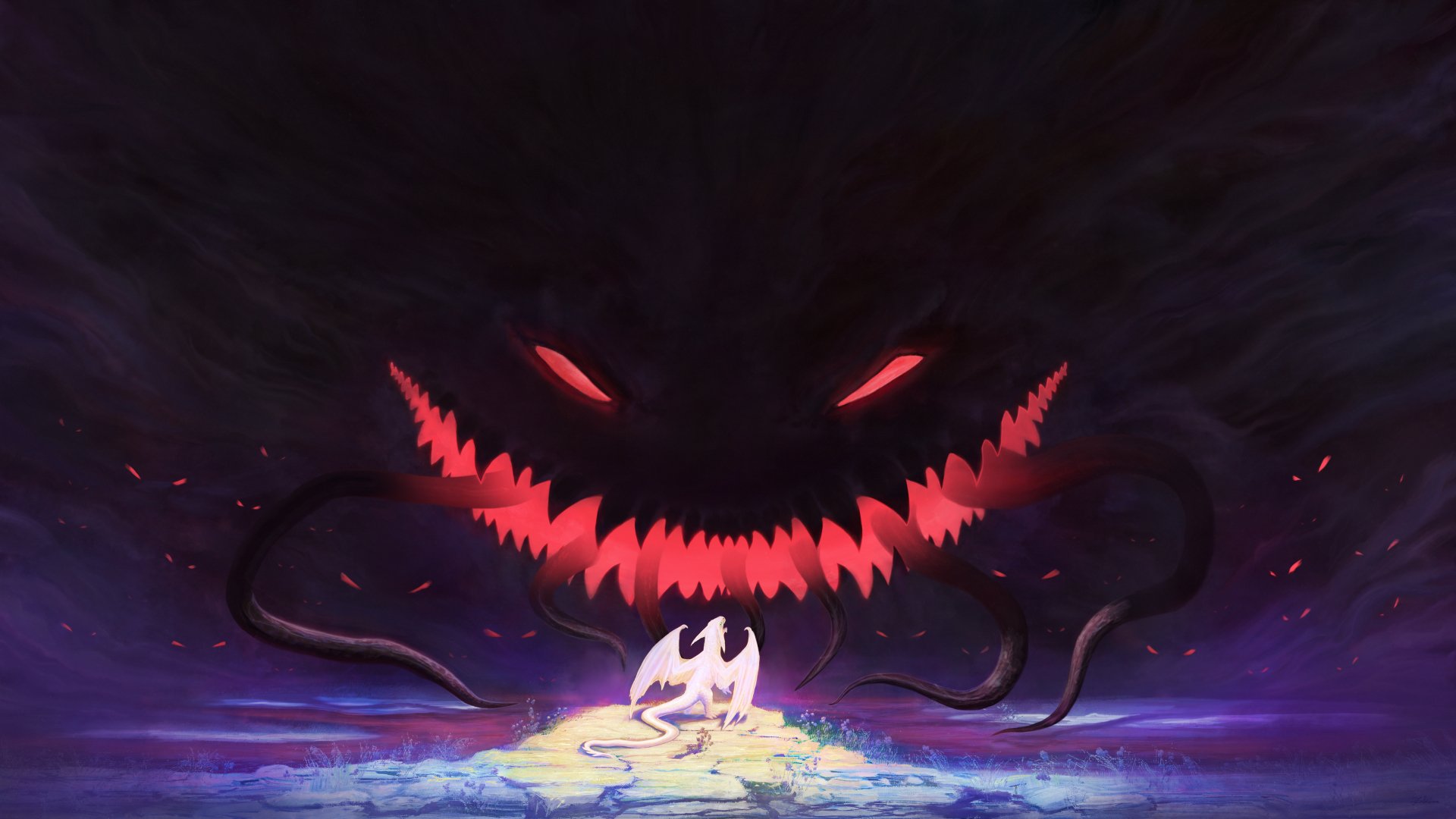 A 4K Ultra HD fantasy desktop wallpaper featuring a small white dragon facing a menacing shadowy creature with glowing red eyes and sharp teeth.